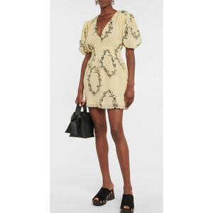 Ganni Pale Yellow Floral-Print Puff-Sleeve Mini Dress